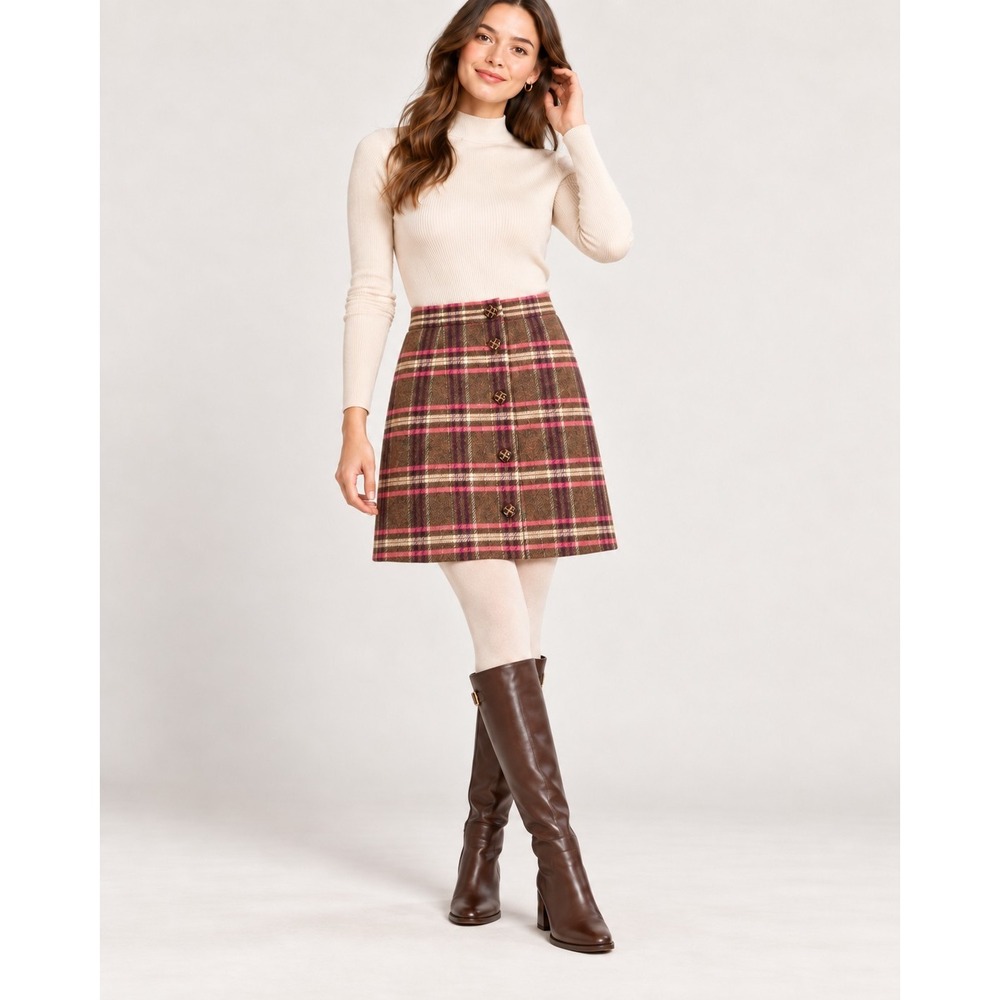 Talbots Wool Blend Plaid Skirt Size 6 Brown Pink Button Front Preppy Academia